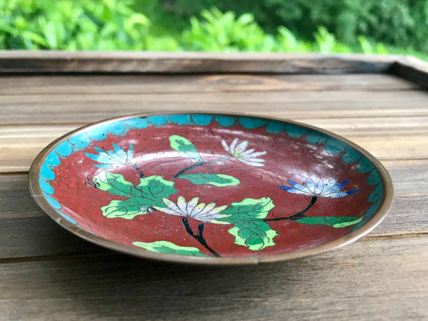 Antique Chinese Cloisonné Red and Blue Enamel over Bronze Round Decorative Plate