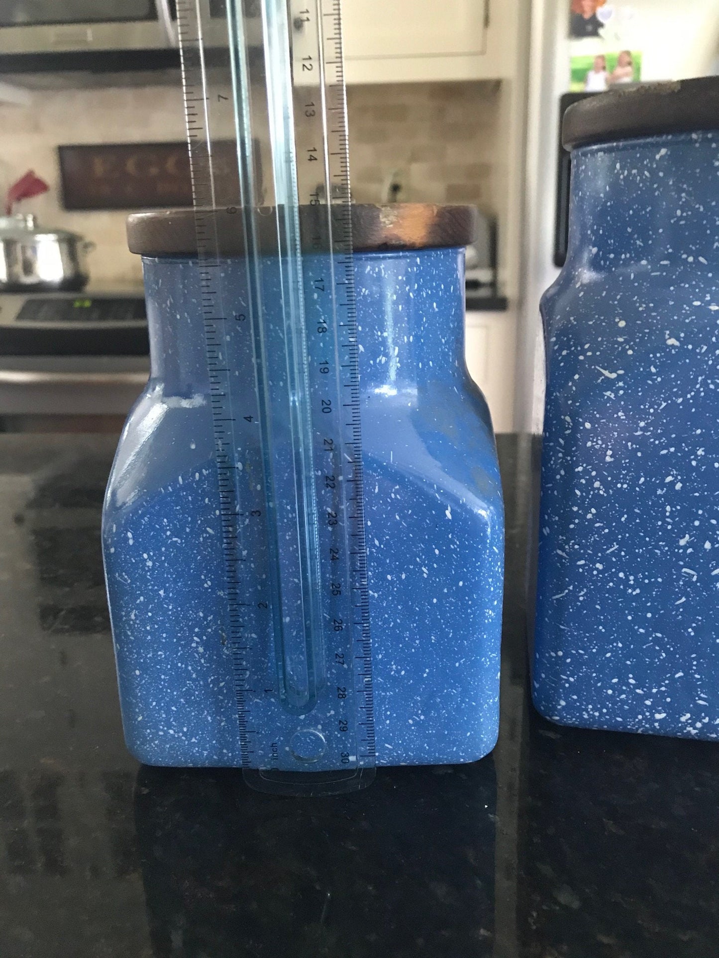 Vintage Blue Speckled Glass Kitchen Canister Set with Bamboo Lids