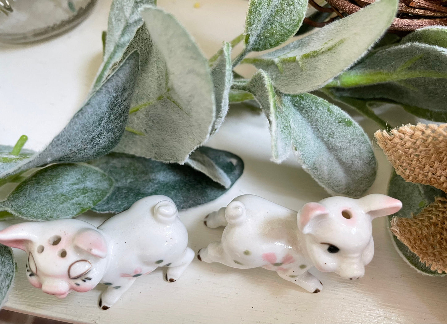 Vintage Pink and White Bone China Tiny Piglet Salt and Pepper Shakers