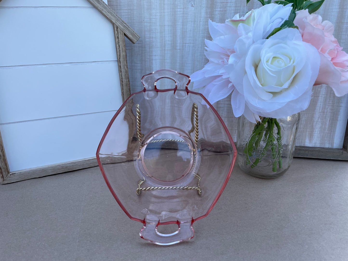 1930s Antique Imperial Glass Pink Depression Glass Molly Bowl with Ornate Handles 7.25 inch