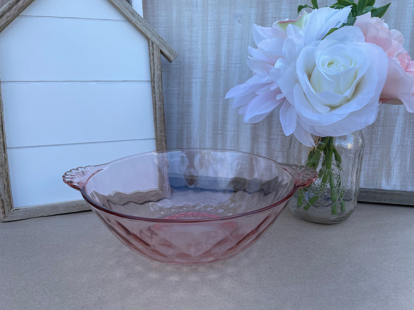 Antique 1930s Pink Depression Glass Berry Bowl with Ornate Glass Handles