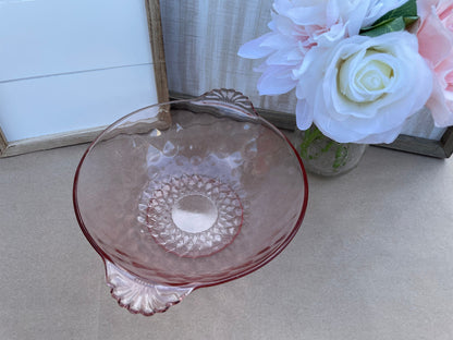 Antique 1930s Pink Depression Glass Berry Bowl with Ornate Glass Handles