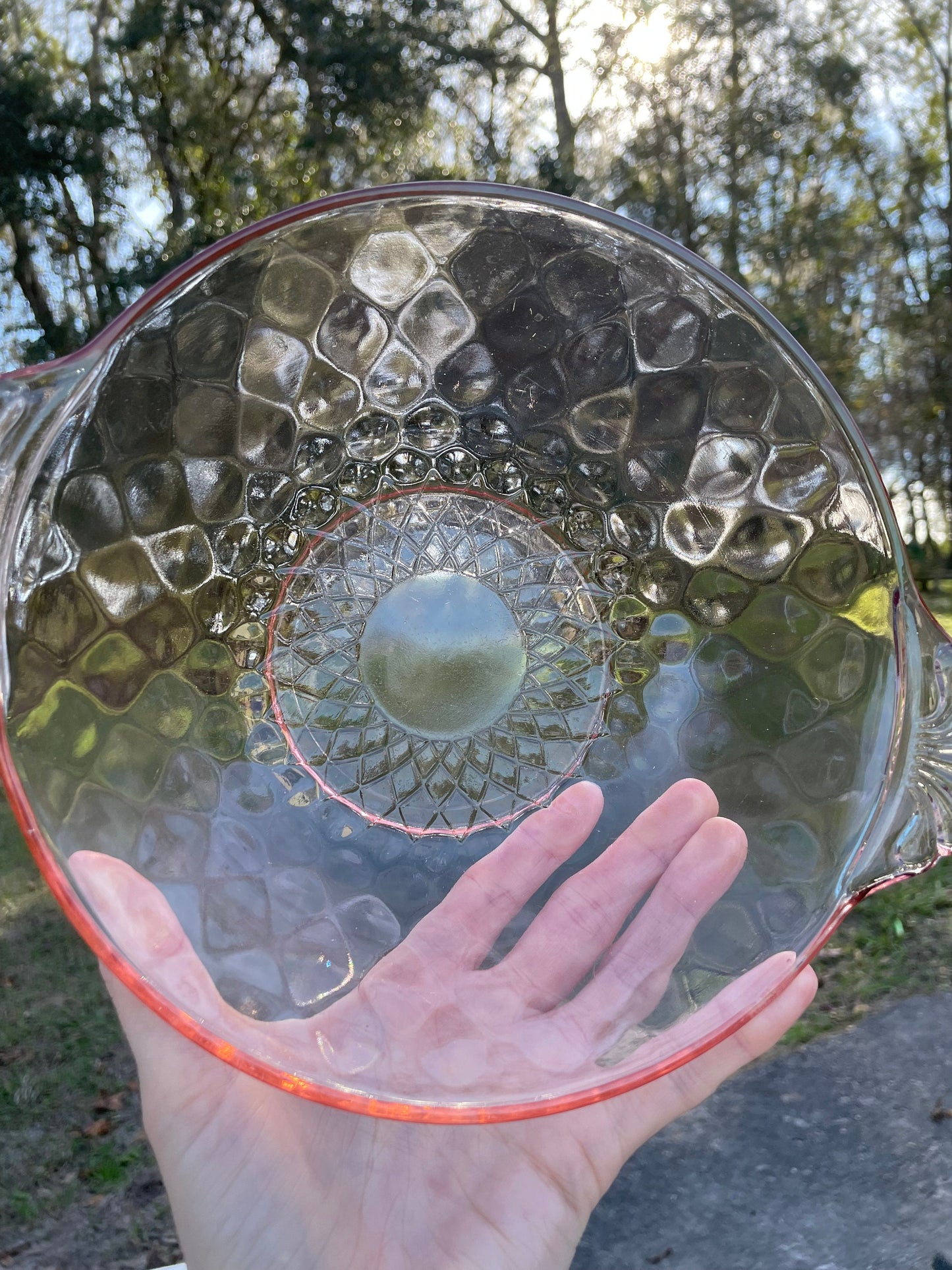 Antique 1930s Pink Depression Glass Berry Bowl with Ornate Glass Handles