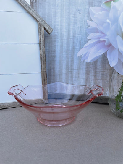 1930s Antique Imperial Glass Pink Depression Glass Molly Bowl with Ornate Handles 7.25 inch