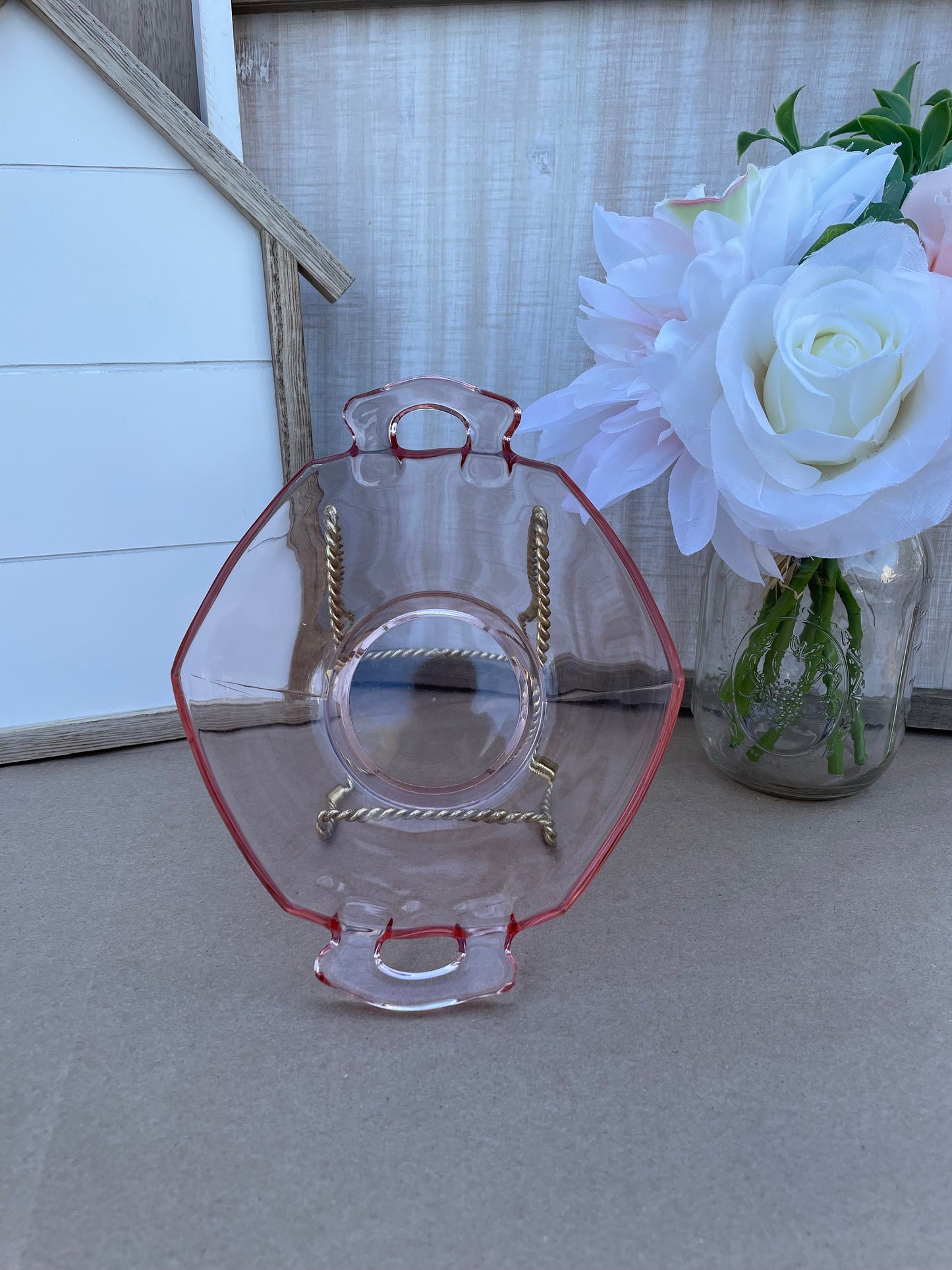 1930s Antique Imperial Glass Pink Depression Glass Molly Bowl with Ornate Handles 7.25 inch