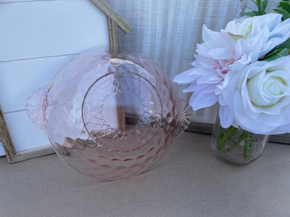 Antique 1930s Pink Depression Glass Berry Bowl with Ornate Glass Handles