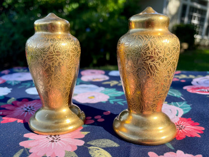 1930s 24 Karat Gold Pickard Rose and Daisy Etched Salt & Pepper Shaker Set