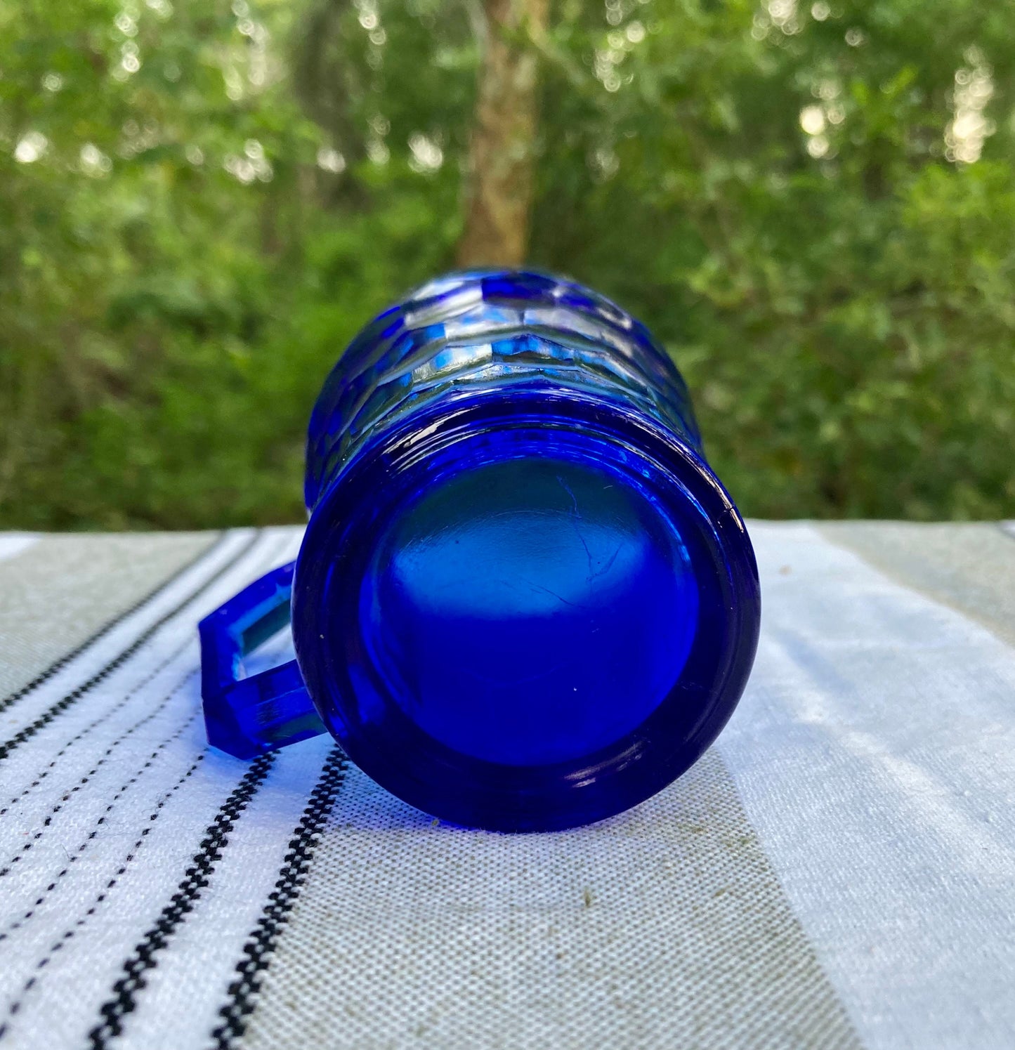 Antique Hazel Atlas Cobalt Blue Depression Glass Honeycomb Pattern 4 Inch Juice Cup with Handle