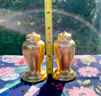 1930s 24 Karat Gold Pickard Rose and Daisy Etched Salt & Pepper Shaker Set