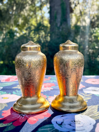 1930s 24 Karat Gold Pickard Rose and Daisy Etched Salt & Pepper Shaker Set