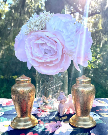 1930s 24 Karat Gold Pickard Rose and Daisy Etched Salt & Pepper Shaker Set