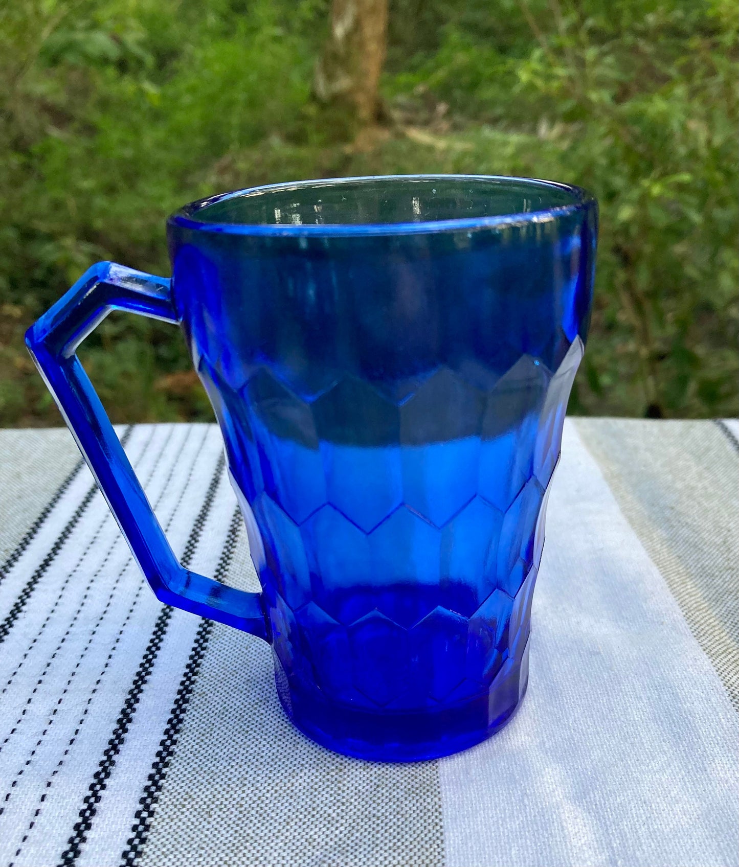 Antique Hazel Atlas Cobalt Blue Depression Glass Honeycomb Pattern 4 Inch Juice Cup with Handle