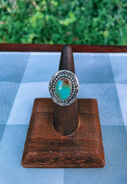 Vintage Double Banded Hand Made Large Turquoise Round Stone Ring with Silver Etched Halo