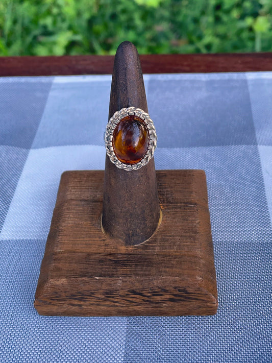 Natural Amber Sap with Sediments Twisted Halo Sterling Silver Statement Ring Size 6 US