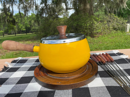 Vintage 1960s Retro Yellow Wooden Handled Fondue Pot Set with Original Forks