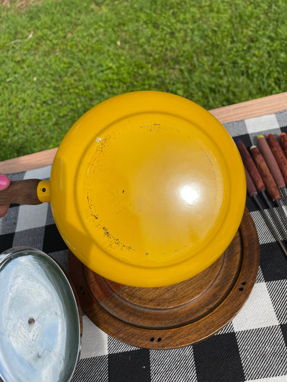 Vintage 1960s Retro Yellow Wooden Handled Fondue Pot Set with Original Forks