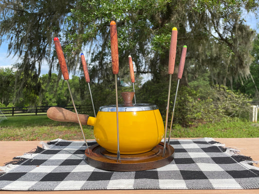 Vintage 1960s Retro Yellow Wooden Handled Fondue Pot Set with Original Forks