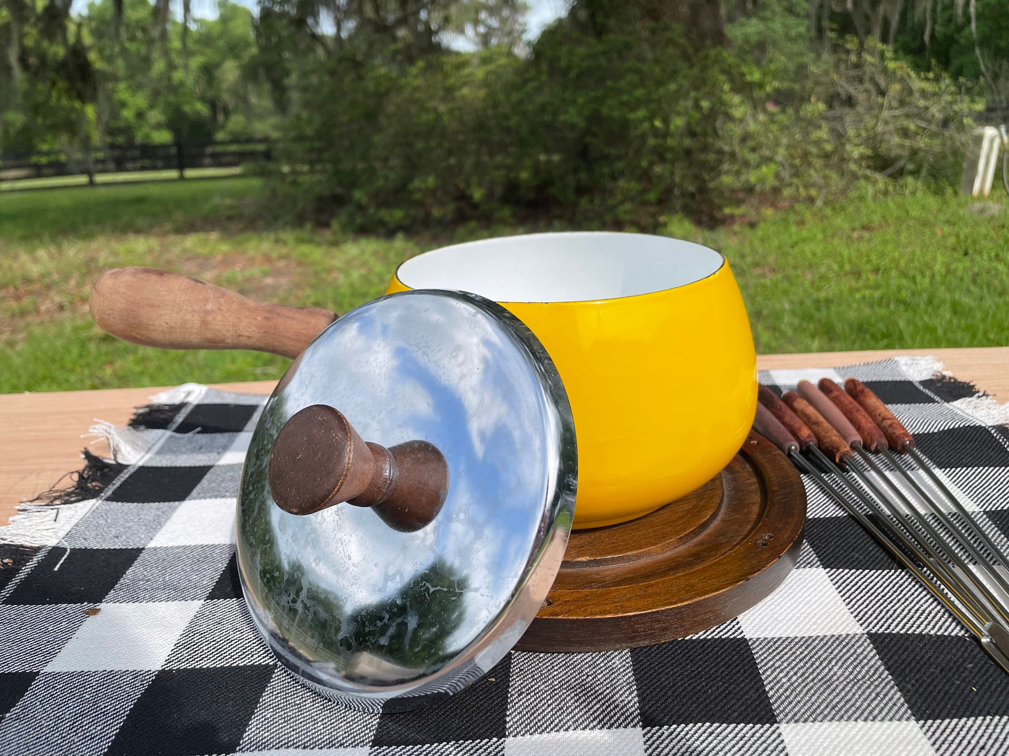 Vintage 1960s Retro Yellow Wooden Handled Fondue Pot Set with Original Forks