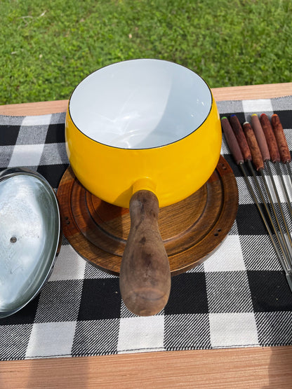 Vintage 1960s Retro Yellow Wooden Handled Fondue Pot Set with Original Forks