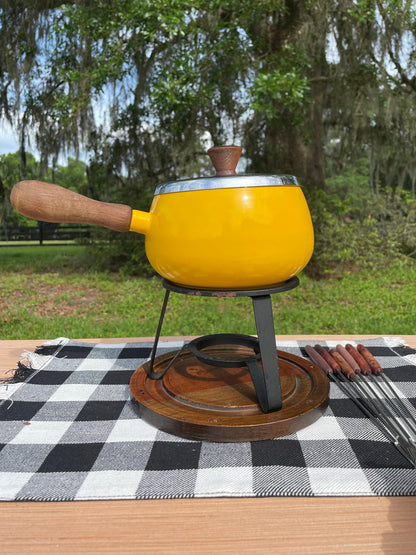 Vintage 1960s Retro Yellow Wooden Handled Fondue Pot Set with Original Forks