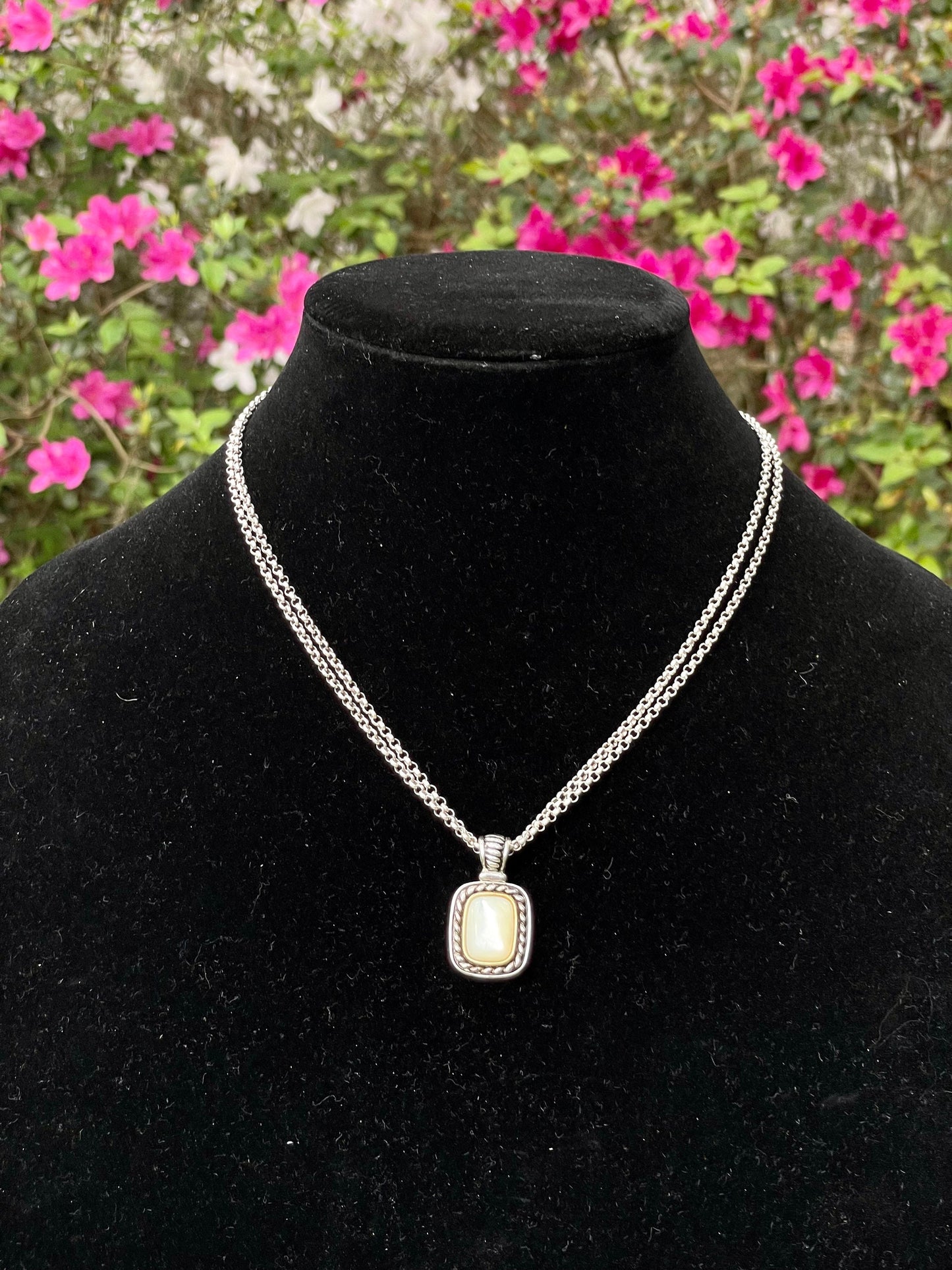 Iridescent White Stone Pendant Double Chain Sterling Silver Necklace