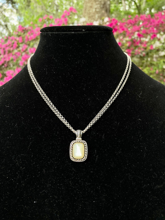 Iridescent White Stone Pendant Double Chain Sterling Silver Necklace