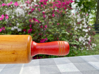 Vintage Farmhouse Maple Wood Rolling Pin with Red Painted Handles