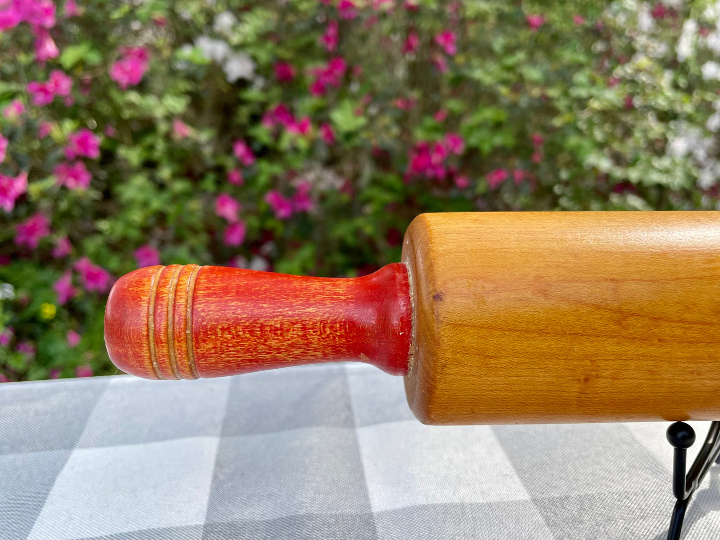 Vintage Farmhouse Maple Wood Rolling Pin with Red Painted Handles