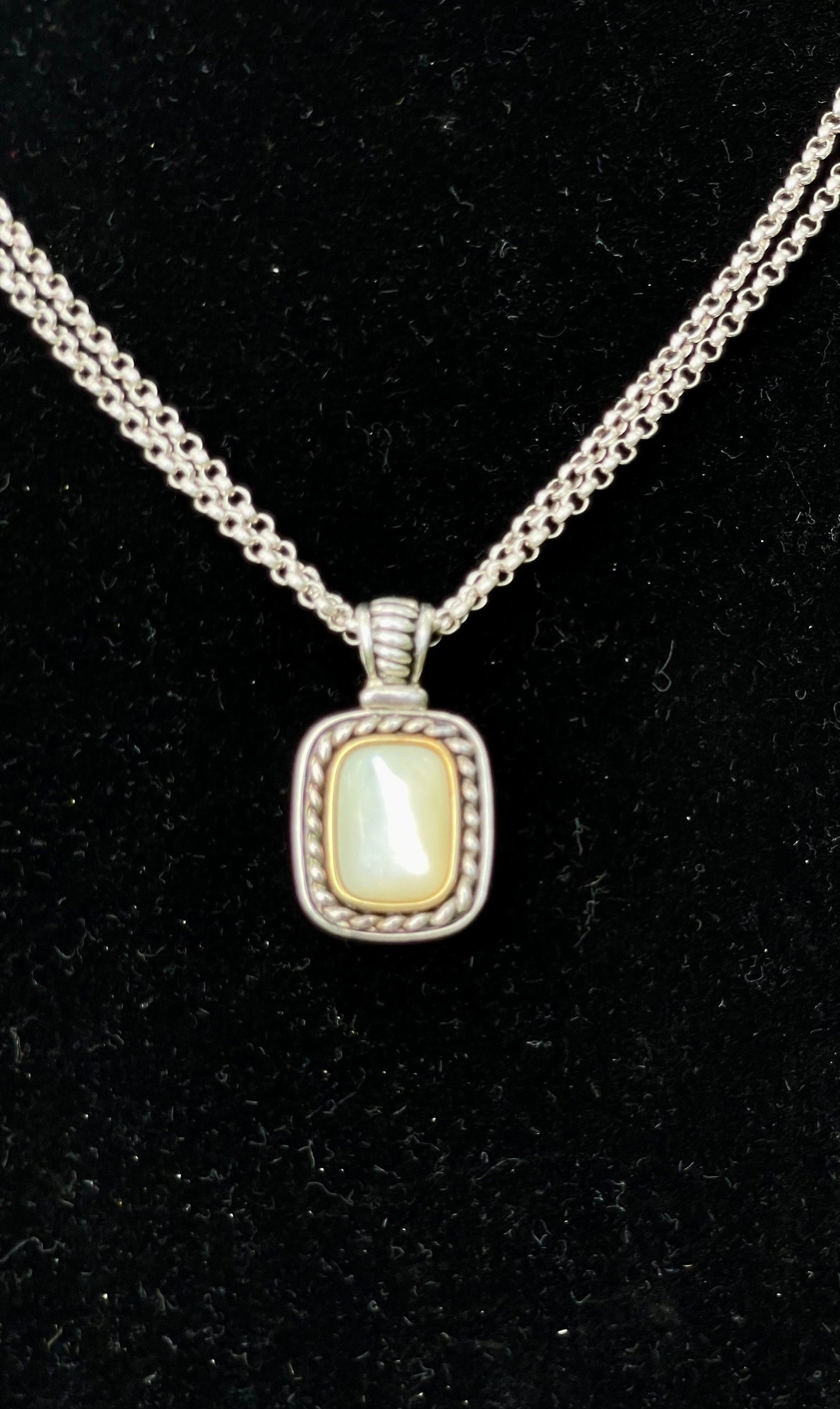 Iridescent White Stone Pendant Double Chain Sterling Silver Necklace