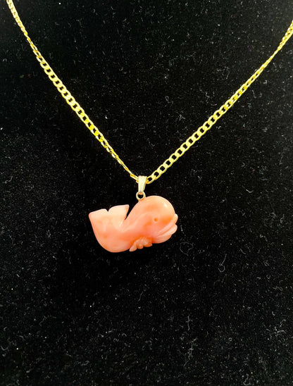 Rare Vintage Salmon Pink Coral Whale Pendant Necklace