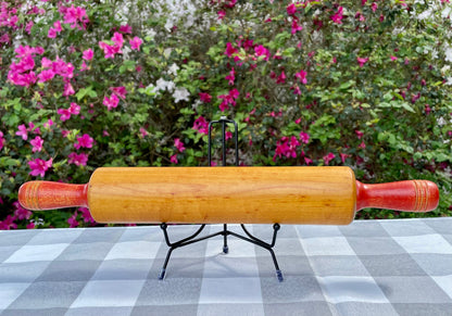 Vintage Farmhouse Maple Wood Rolling Pin with Red Painted Handles