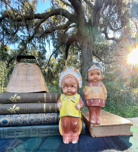 Rare Bisque Native American Indian Boy and Girl Ceramic Free Standing Figurines stamped Japan