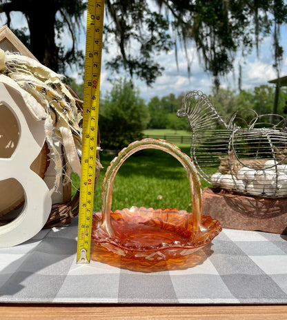 Vintage Marigold Carnival Glass Ornate Basket with Handle