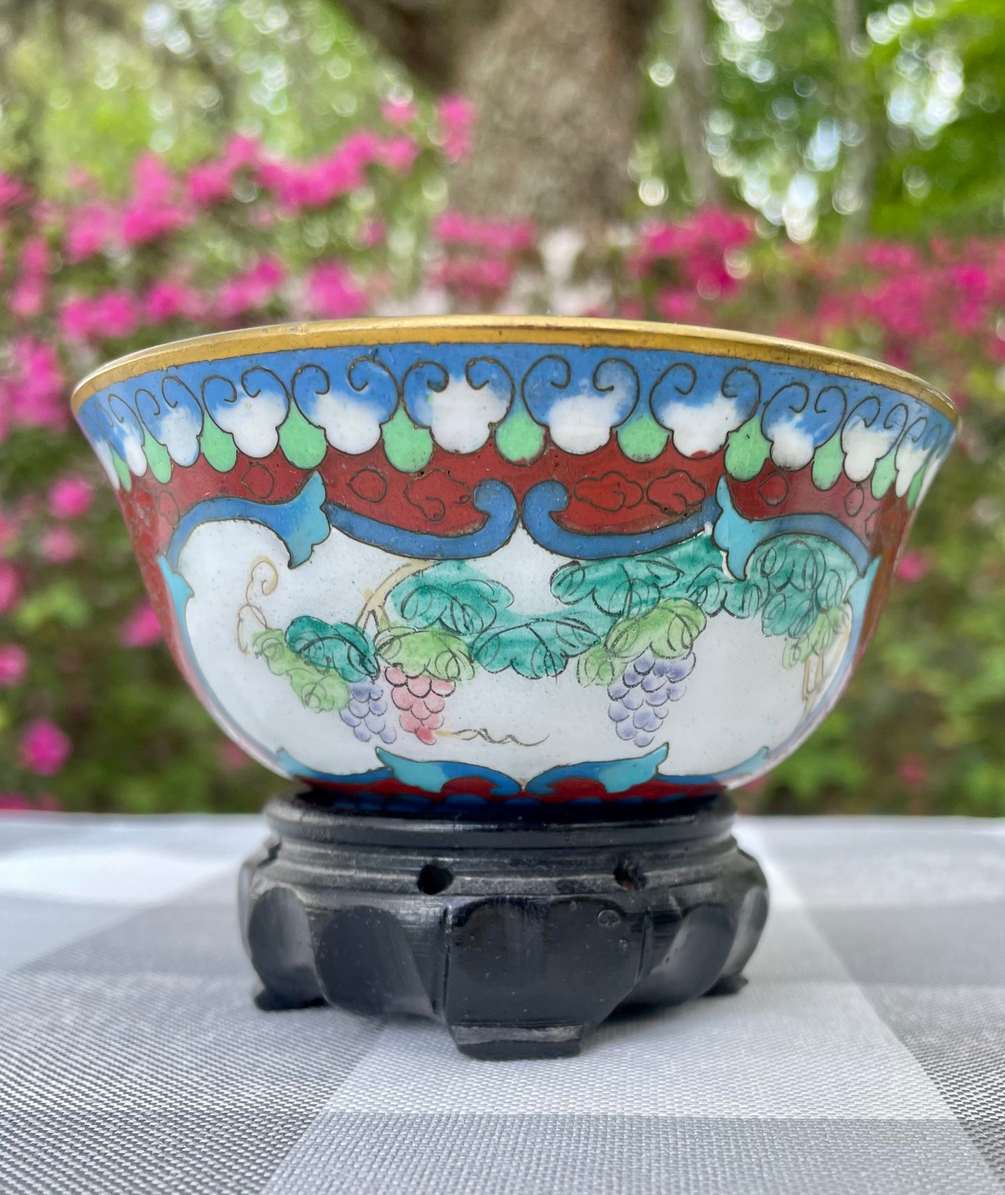 Vintage Cloisonne Enamel over Copper Red Accent Bowl