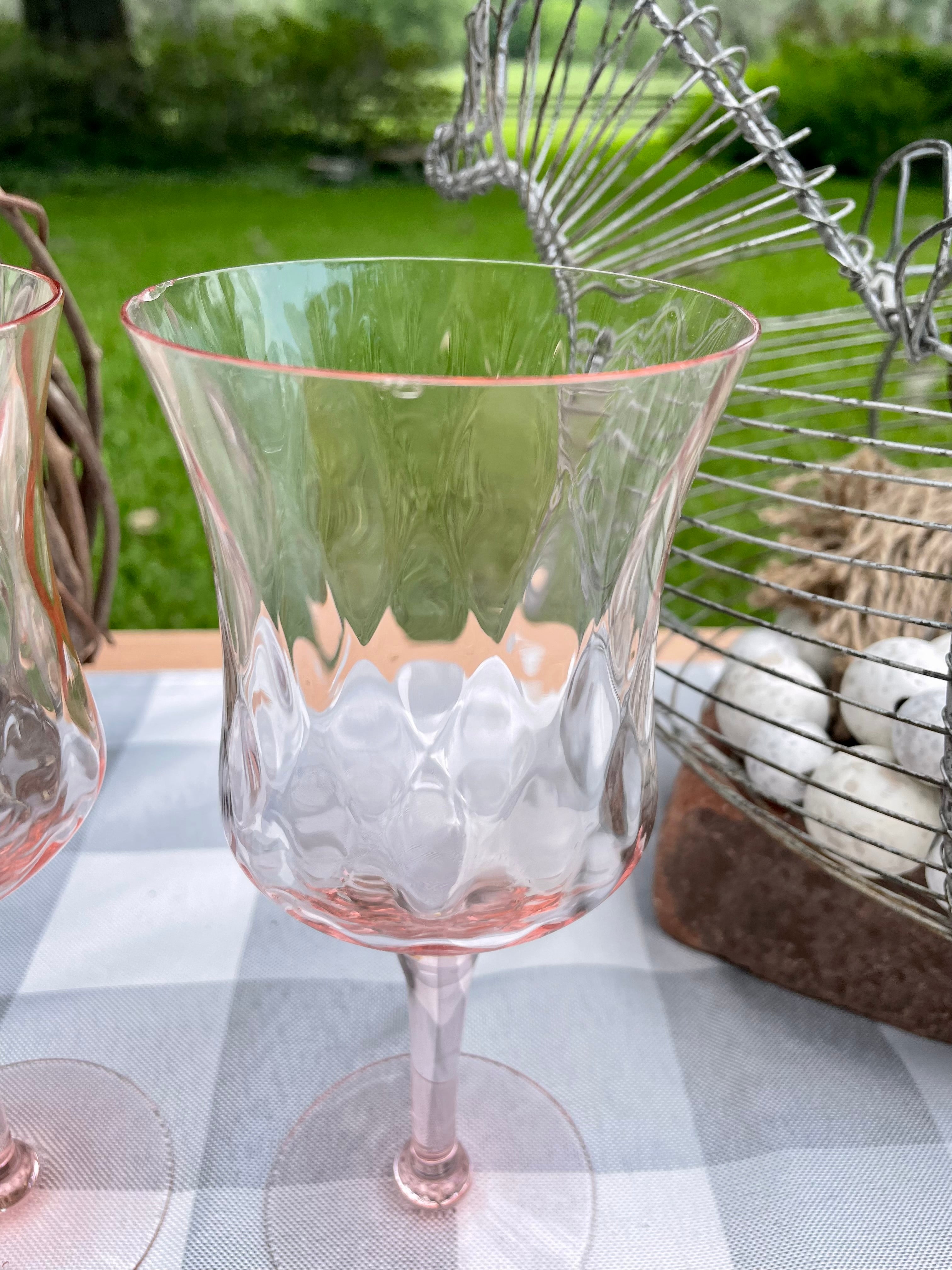 Beautiful Pink Depression Glass top Straight Optic Wine Glass Set of Five