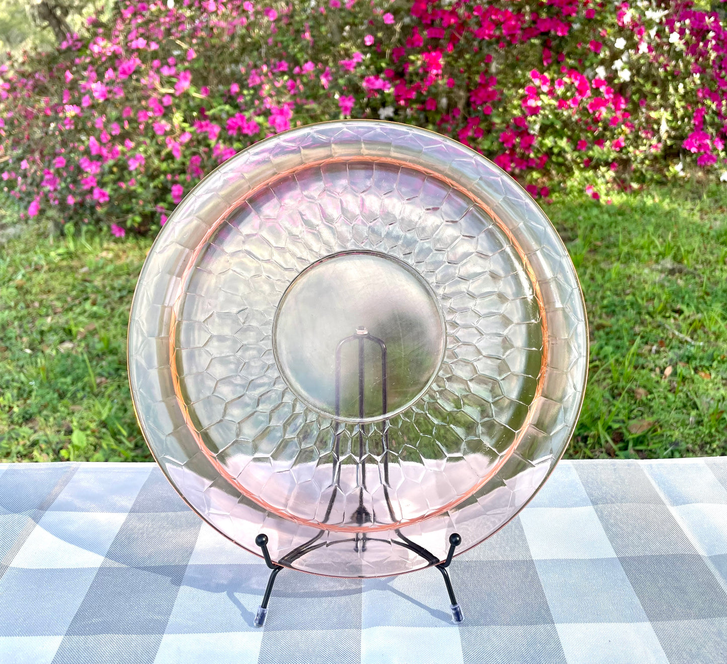 Antique Pink Depression Glass Honeycomb Pressed Cake Plate/ Vanity Tray