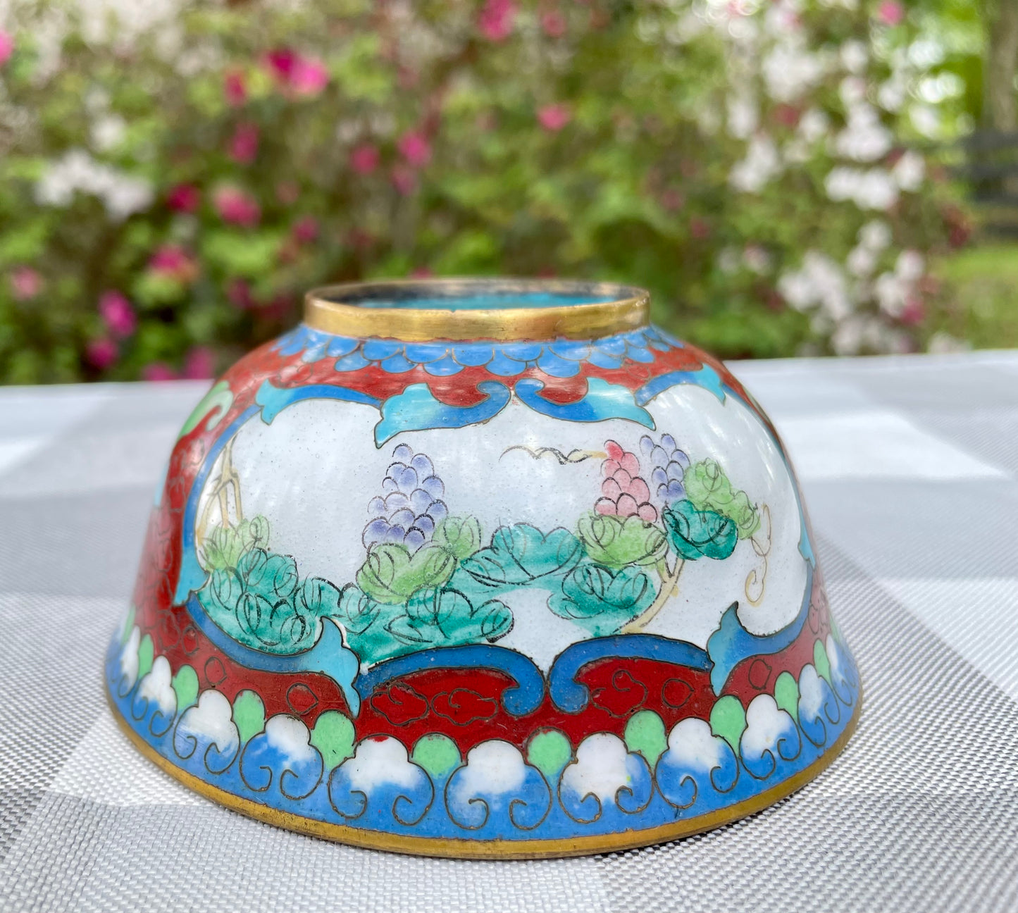 Vintage Cloisonne Enamel over Copper Red Accent Bowl