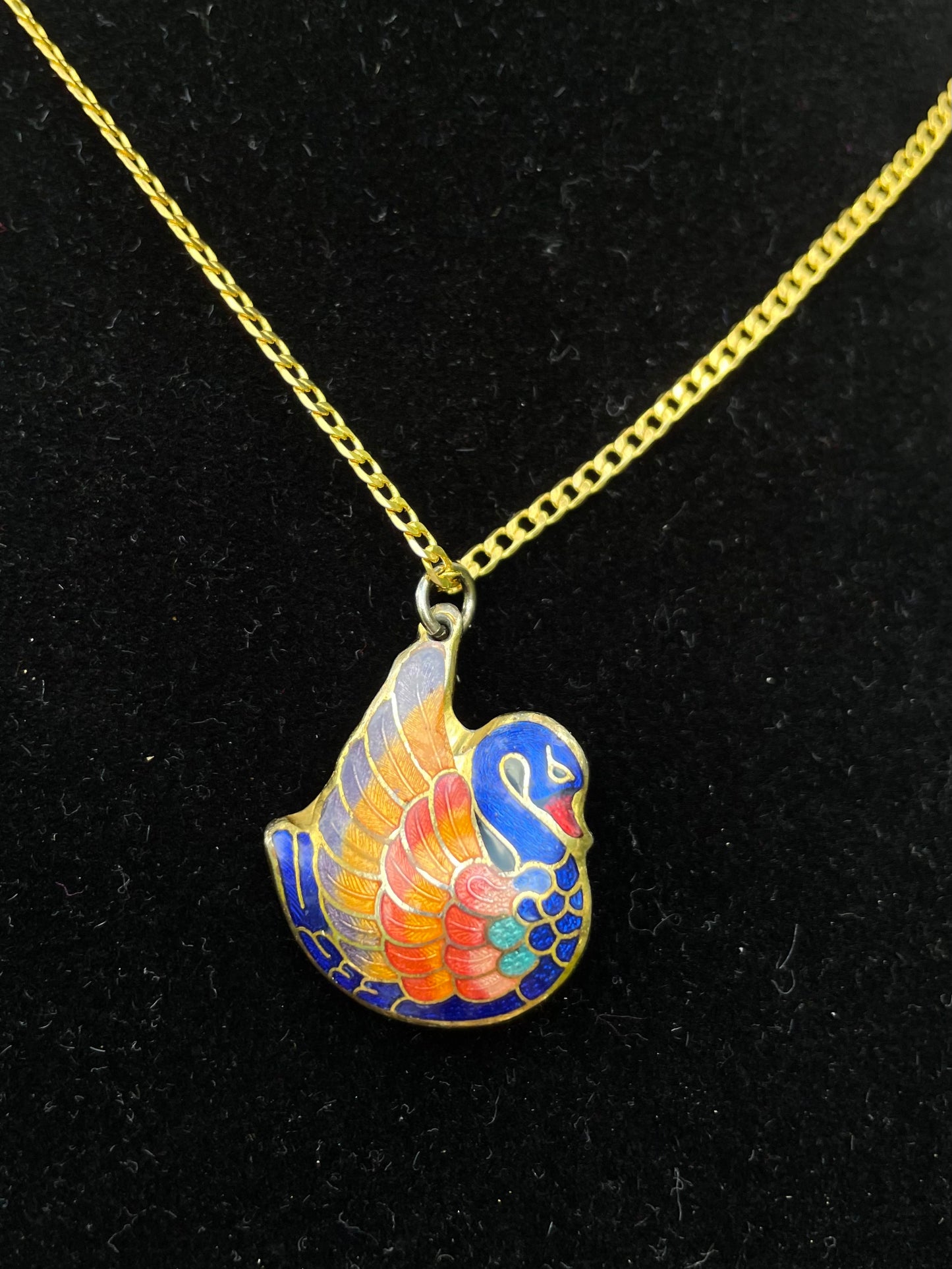 Vintage Cloisonne Rainbow Swan Puff Pendant Necklace