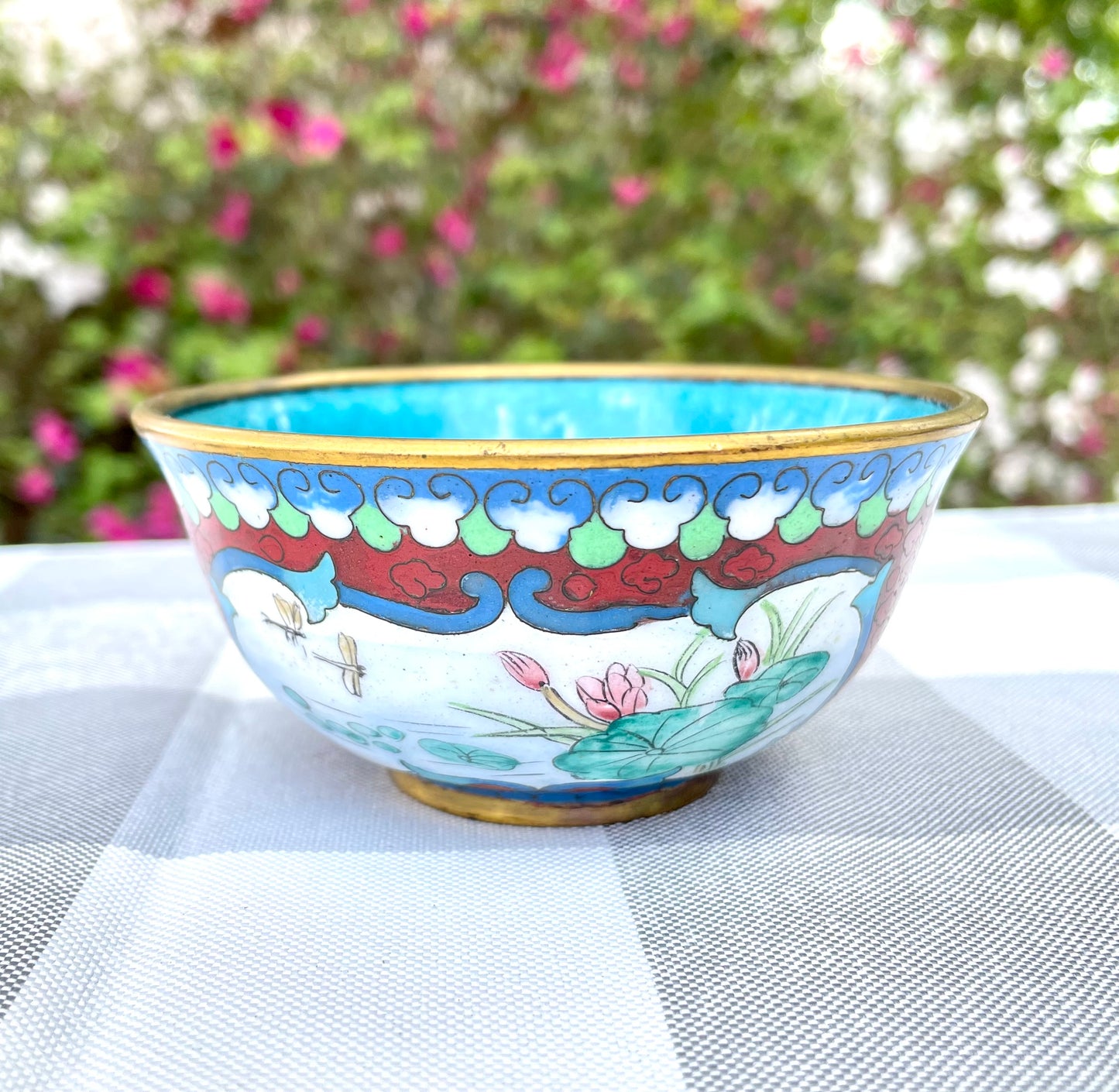 Vintage Cloisonne Enamel over Copper Red Accent Bowl