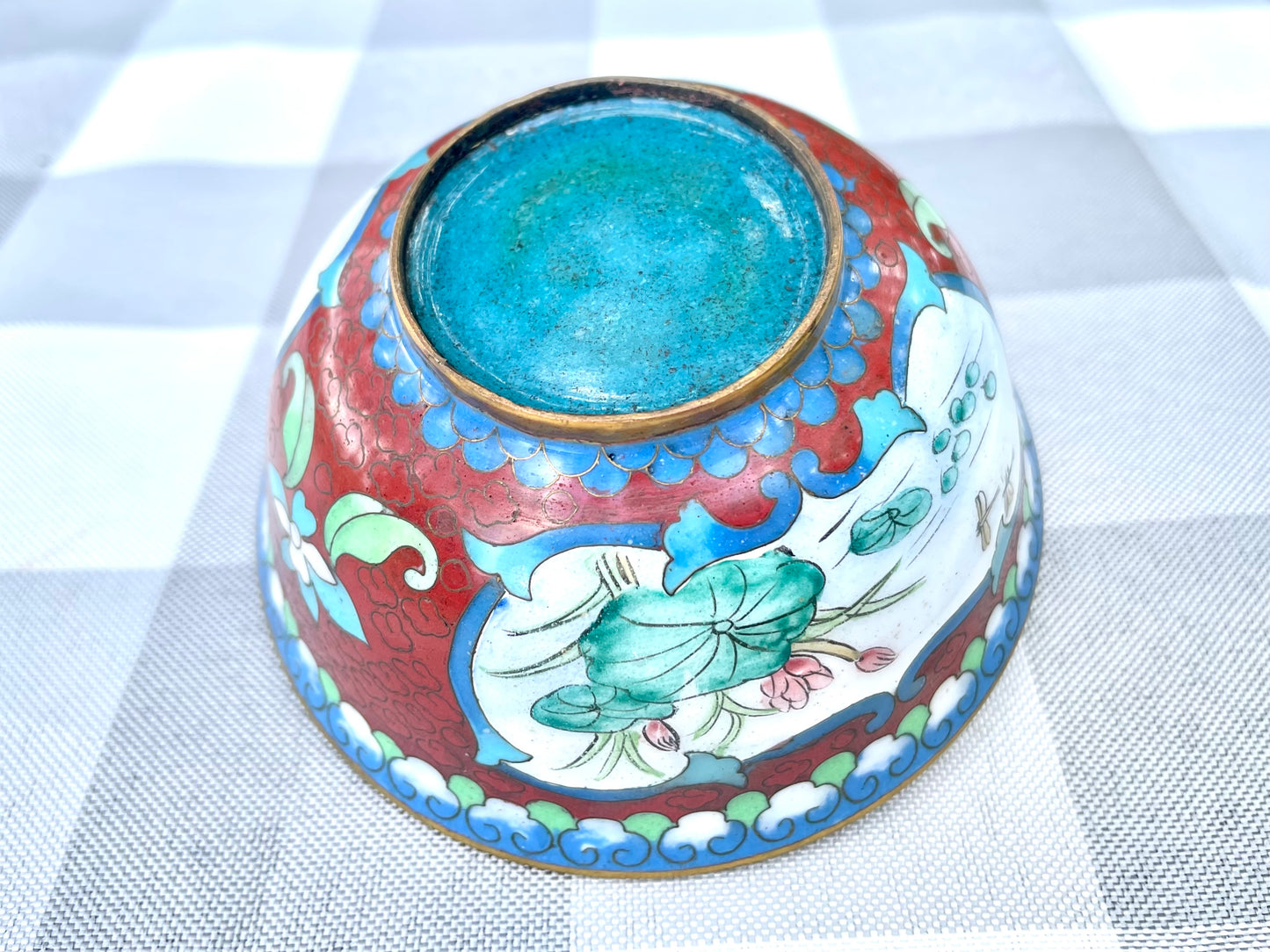 Vintage Cloisonne Enamel over Copper Red Accent Bowl