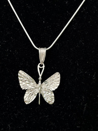 Vintage 925 Silver Minimalist Etched Butterfly Pendant Necklace