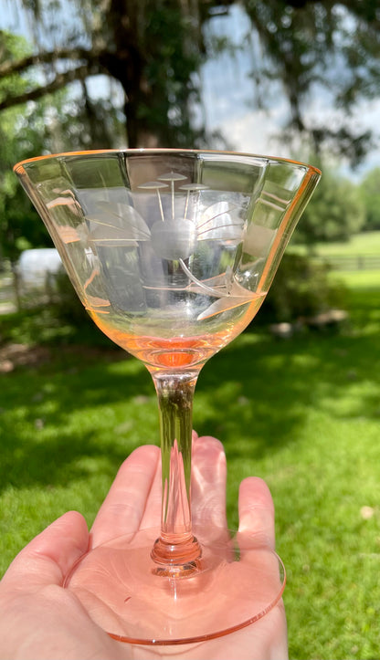 1930s Etched Pink Depression Glass Wine Glasses Stemware - Set of