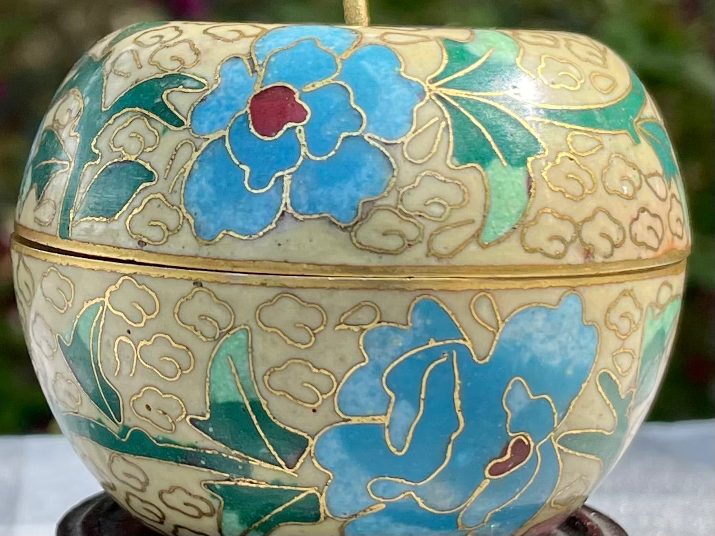 Vintage Yellow Apple Shaped Cloisonné Trinket Jar with Blue Flowers