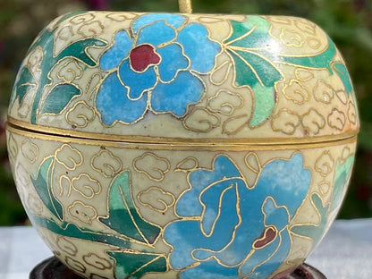 Vintage Yellow Apple Shaped Cloisonné Trinket Jar with Blue Flowers