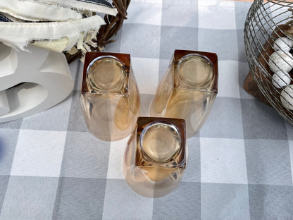 Vintage Marigold Iridescent Peach Lusterware Carnival Glass Square Based 16oz. Tumbler set of 3