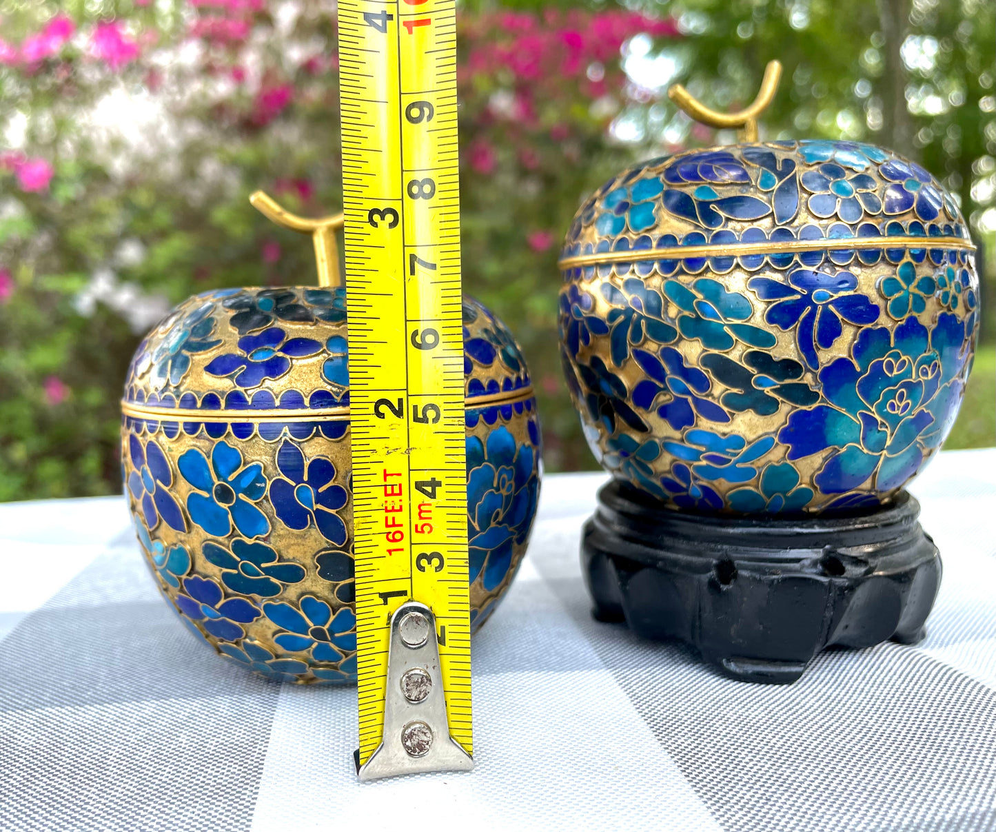 Vintage Cloisonne Brass Apple with Blue Enamel Flowers Trinket Box