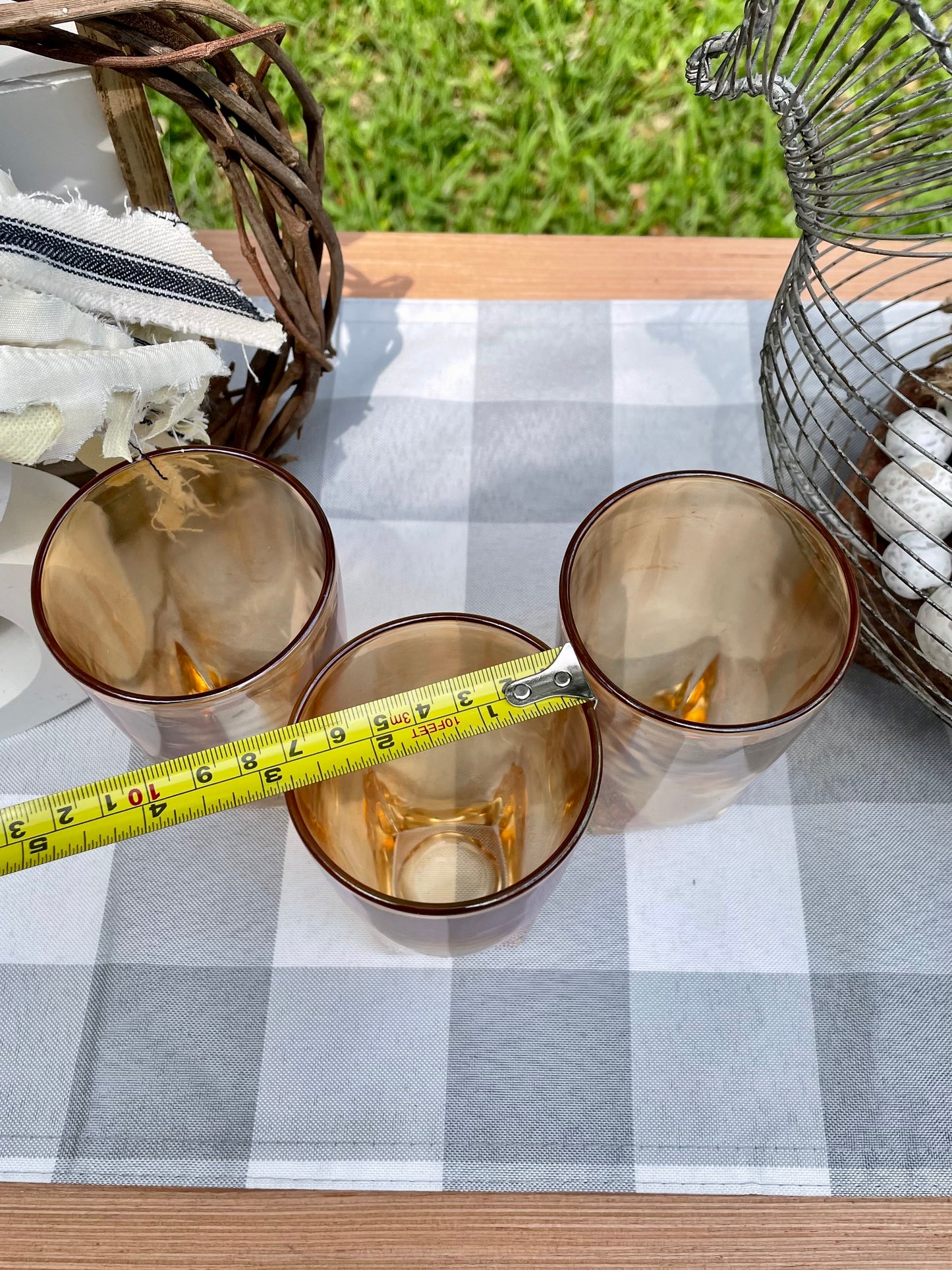 Vintage Marigold Iridescent Peach Lusterware Carnival Glass Square Based 16oz. Tumbler set of 3