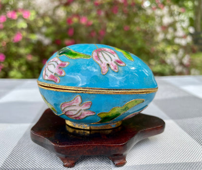 Vintage Cloisonne Blue Enamel and Pink Tulip Lateral Open Egg