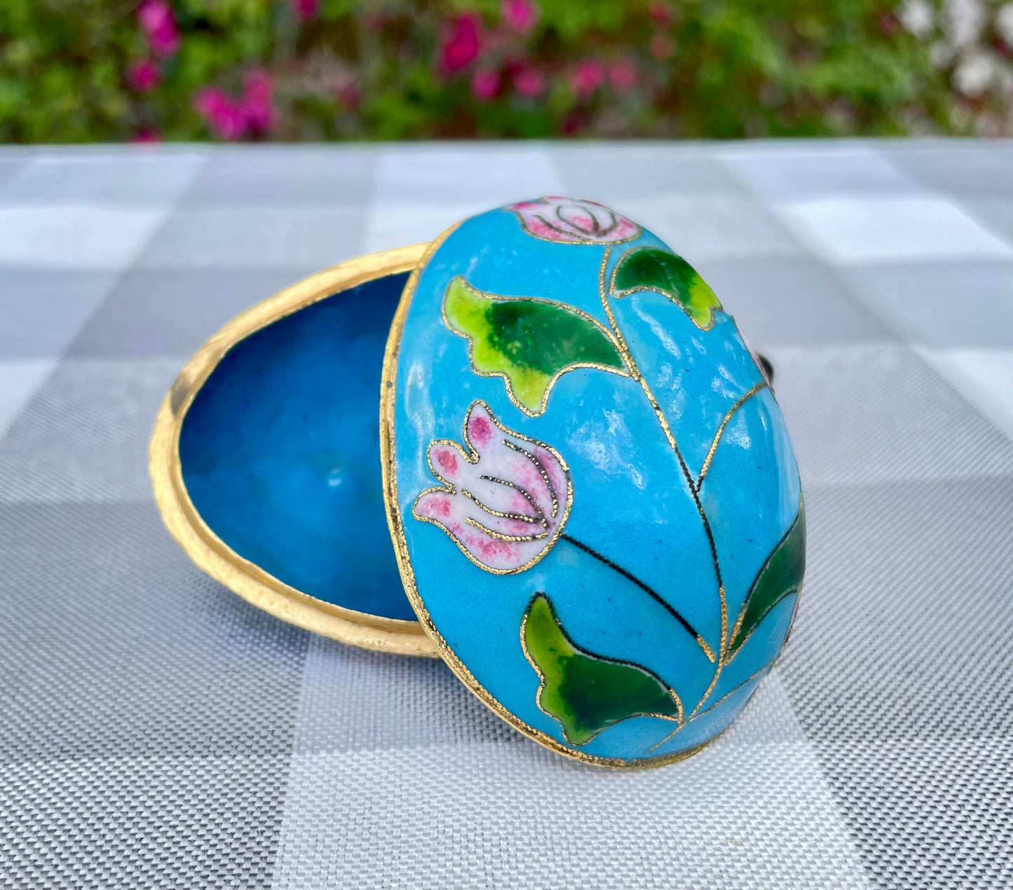 Vintage Cloisonne Blue Enamel and Pink Tulip Lateral Open Egg