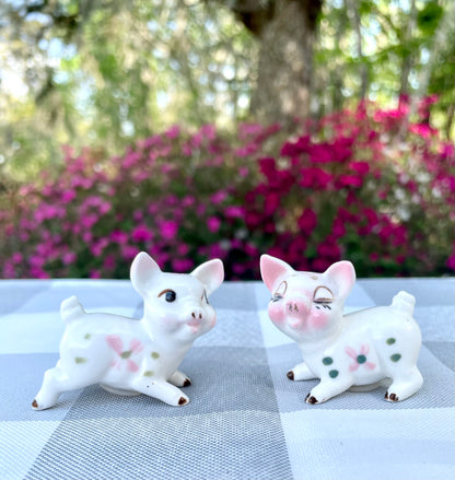 Vintage Pink and White Bone China Tiny Piglet Salt and Pepper Shakers